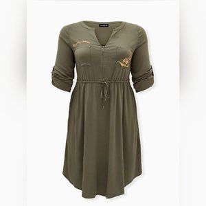 DISNEY ALADDIN ABU OLIVE CHALLIS FRONT SHIRT DRESS